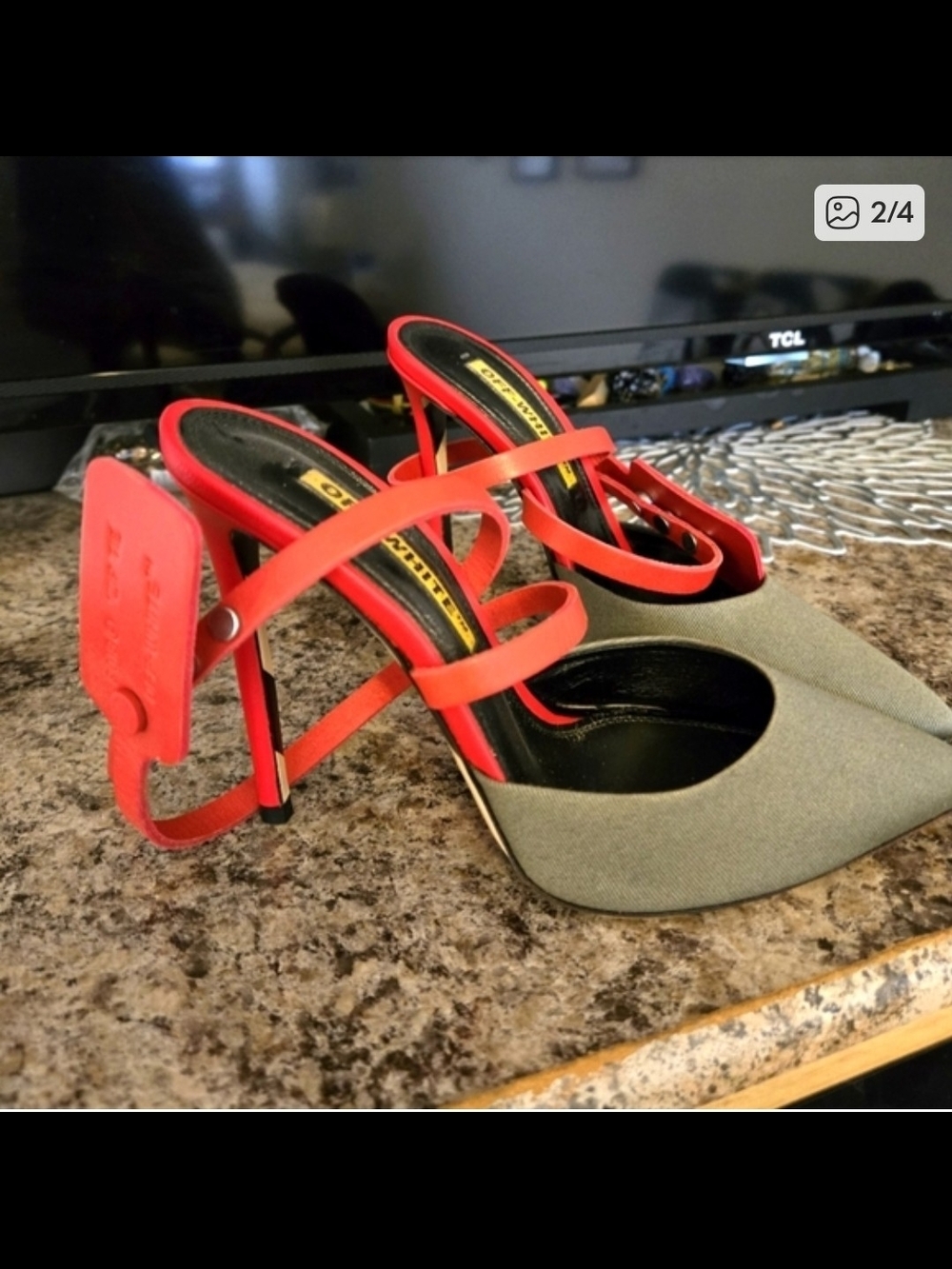 Off-White Pointed Toe Strappy Heels in Red and Gray